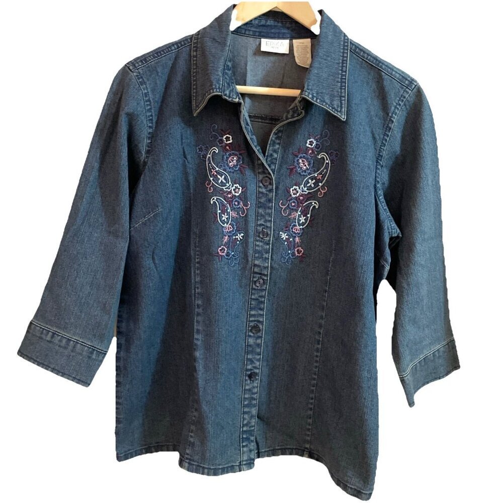 Erika Button Front Denim Shirt Women's PM Blue Embroidered Sequin Western Boho